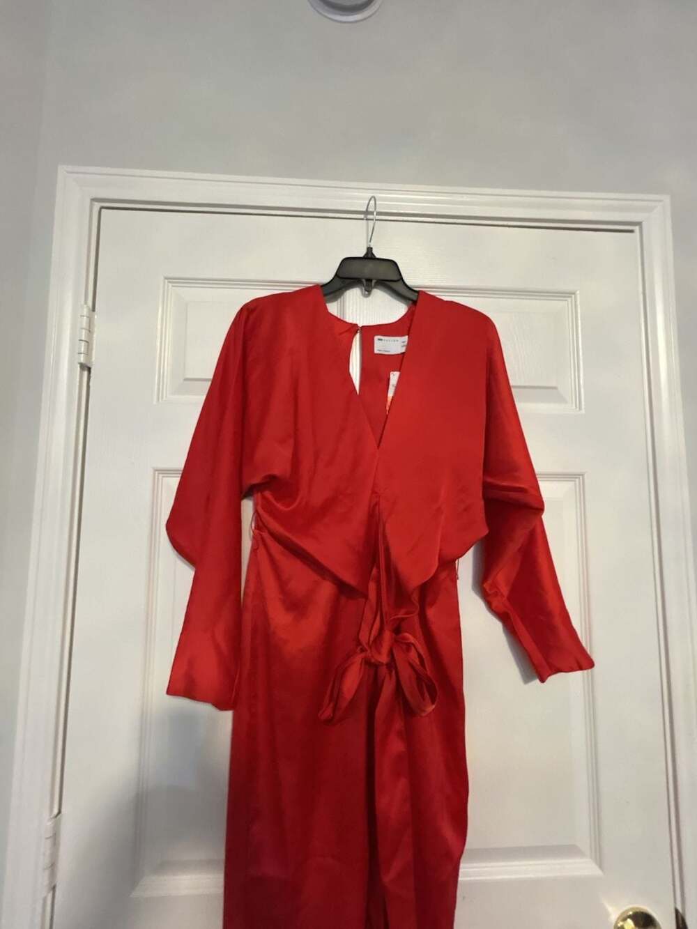 ASOS DESIGN Satin Midi Dress With Batwing Sleeve and Wrap Waist in Red